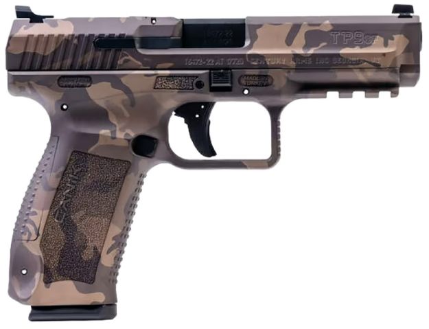 Picture of Canik HG4865WBN TP9SF  9mm Luger 18+1 4.46" Black Match Grade Barrel, Woodland Bronze Camo Serrated Steel Slide & Polymer Frame w/Picatinny Rail, Black Interchangeable Backstrap Grip