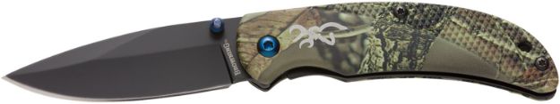 Picture of Browning 3220344 Prism 3  EDC Folding 2.38" Plain Black Oxide 7Cr17MoV SS Blade, Camo w/Brass Accents & Logo Anodized Aluminum Handle, Includes Pocket Clip