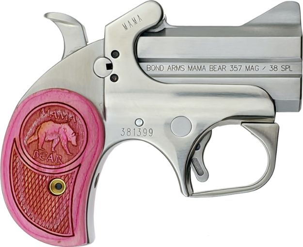 Picture of Bond Arms BAMB Mama Bear  357 Mag/38 Special 2rd 2.50" Stainless Steel Double Barrel & Frame, Auto Extractors & Rebounding Hammer, Blade Front/Fixed Rear Sights, Pink Wood Grip, Manual Safety