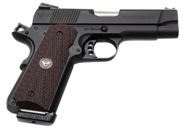 Picture of Wilson Combat PROEPR45 1911 Professional Elite 45 ACP  8+1 4" Barrel, Black  Carbon Steel Frame w/Beavertail,  Serrated Slide, Black Cherry G10 Grip, Manual Safety