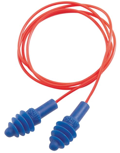 Picture of Howard Leight R01521 Corded Ear Plugs Air Soft Foam 27 dB Behind The Neck Blue Ear Buds with Orange Cord Adult 2 Pair