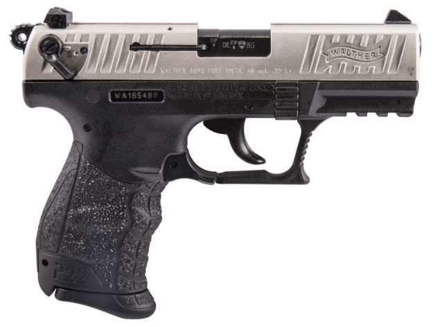 Picture of Walther Arms 5120336 P22 *CA Compliant 22 LR 10+1 3.42" Nickel Serrated/Steel Slide, Black Polymer Frame w/Picatinny Rail, Black Interchangeable Backstrap Grips