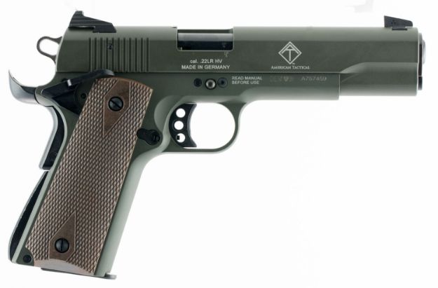 Picture of GSG GSG2210M1911G 1911  22 LR 10+1 5" Threaded Barrel, OD Green Serrated Slide, OD Green Zinc Alloy w/Beavertail Frame, Double Diamond Walnut Grip