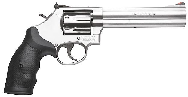 Picture of Smith & Wesson 164198 Model 686 Plus 357 Mag or 38 S&W Spl +P  Stainless Steel 6" Barrel & 7rd   Cylinder, Satin Stainless Steel L-Frame, Red Ramp Front/White Outline Rear Sights, Internal Lock