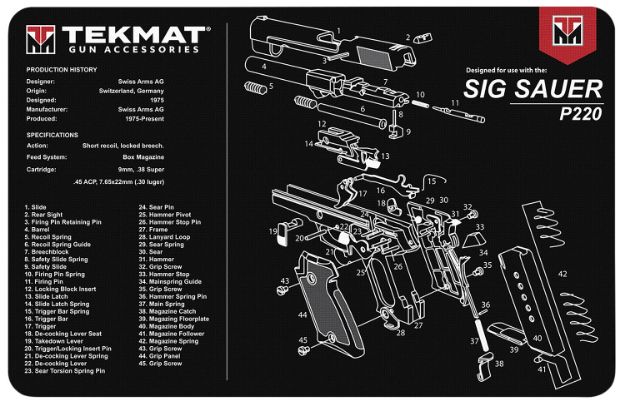 Picture of TekMat TEKR17SIGP220 Sig Sauer P220 Cleaning Mat 17"x11" Black/White Thermoplastic Fiber Top w/Vulcanized Rubber Back/ Sig Sauer P220 Parts Diagram Illustration