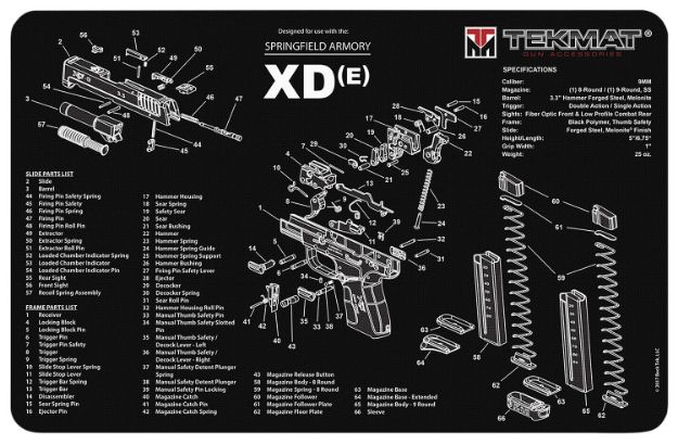 Picture of TekMat TEKR17XDE Springfield Armory XDe Cleaning Mat 17"x11" Black/White Thermoplastic Fiber Top w/Vulcanized Rubber Back/ Springfield Armory XDe Illustration