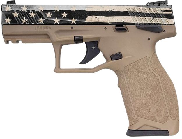 Picture of Taurus 1TX2214110USD TX22  Full Size Frame 22 LR 10+1 4.10" Black Steel Threaded Barrel, Black Distressed US Flag Cerakote Serrated Slide, FDE w/Black Controls Polymer Frame w/Picatinny Rail