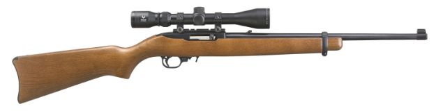 Picture of Ruger 31159 10/22 Carbine 22 LR 10+1 18.50" Barrel, Satin Black Alloy Steel, Hardwood Stock, Cross-Bolt Manual Safety, Includes Viridian EON 3-9x40mm Scope