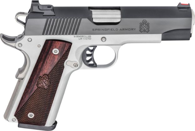 Picture of Springfield Armory PX9118L 1911 Ronin 45 ACP 8+1, 4.25" Stainless Match Grade Steel Barrel, Salt Blued Serrated Carbon Steel Slide, Satin Cerakote Aluminum Frame w/Beavertail, Crossed Cannon Wood Grip