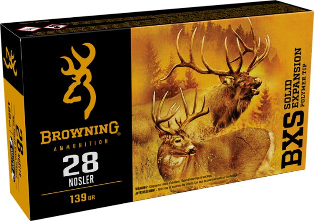 Picture of Browning Ammo B192400281 BXS Copper Expansion 28Nosler 139gr Lead Free Solid Expansion Polymer Tip 20 Per Box/10 Case