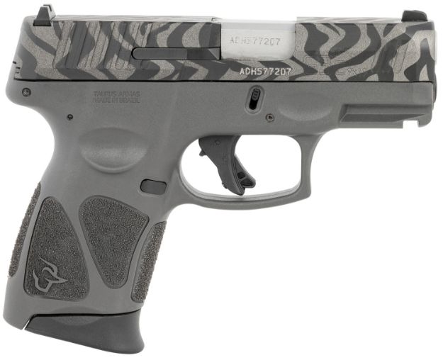 Picture of Taurus 1G3C931GZEB G3C  Compact Frame 9mm Luger 12+1 3.26" Matte Stainless Steel Barrel, Gray w/Zebra Stripes Serrated Steel Slide, Black Polymer Frame w/Picatinny Rail, Black Polymer Grip, Right Hand