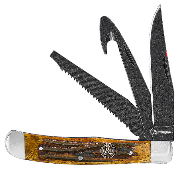 Picture of Remington Accessories 15648 Backwoods Trapper Folding Stonewashed Carbon Steel Blade Coffee Brown w/Remington Medallion Bone Handle