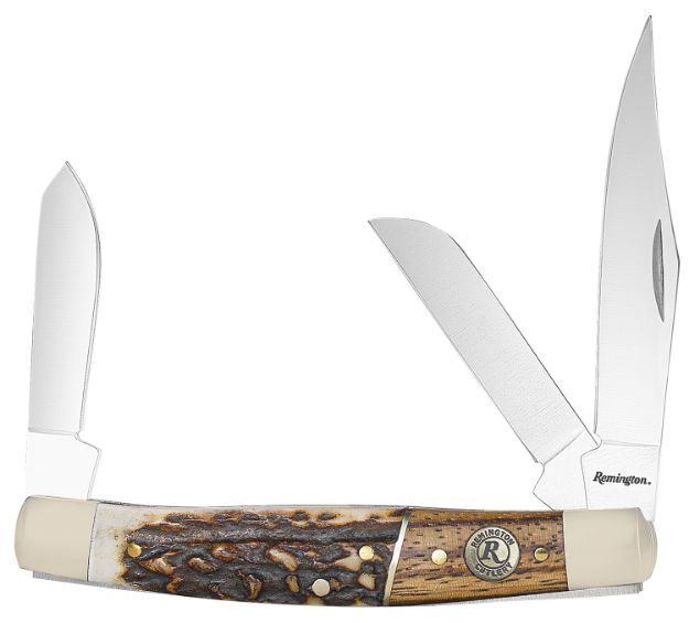 Picture of Remington Accessories 15653 Guide Stockman Folding Stainless Steel Blade Brown/White/Silver w/Remington Shield Stag Bone/Nickle Handle