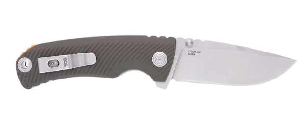 Picture of S.O.G SOG11060143 Tellus ATK  3.50" Folding Clip Point Plain Stonewashed Cryo 440C SS Blade/ Olive Drab w/Orange Backspacer GRN Handle Includes Belt Clip