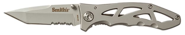 Picture of Smiths Products 51009 Caprella  2.95" Folding Drop Point Part Serrated Bead Blasted 400 SS Blade/Silver Skeletonized Stainless Steel Handle Includes Pocket Clip