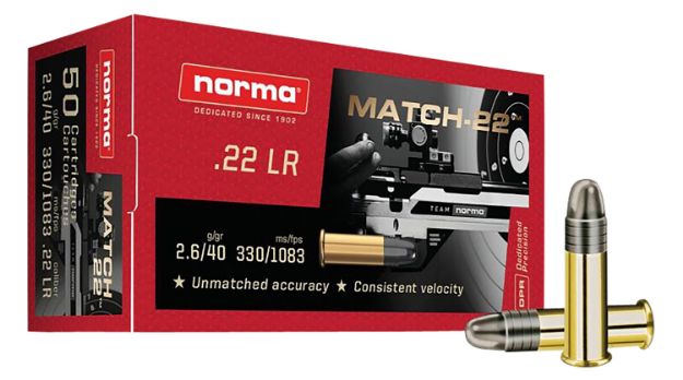 Picture of Norma Ammunition 2425076 Dedicated Precision Match 22LR 40gr Lead Round Nose 50 Per Box/100 Case