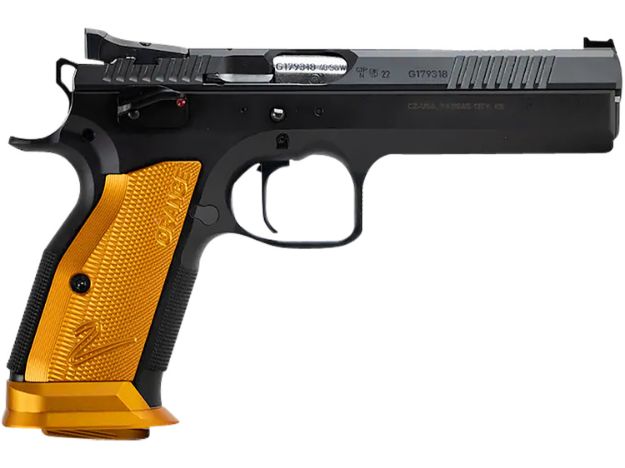 Picture of CZ-USA 91266 TS 2  9mm Luger 20+1 5.28" Stainless Bull Barrel, Black Serrated Steel Slide, Black Polycoat Steel Frame w/Beavertail, Orange Checkered Aluminum Grip