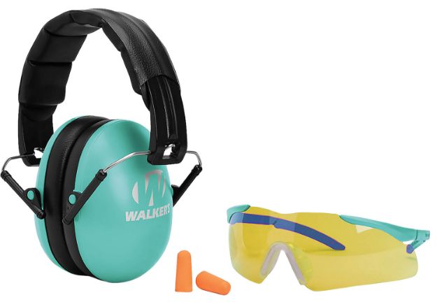 Picture of Walker's GWPYWFM2GFPLTL Folding Muff Combo 23 dB Over the Head Folding Muff, Foam Ear Plugs, Shooting Glasses Black/Teal Polymer Fits Youth/Women