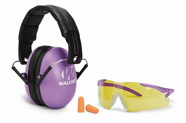 Picture of Walker's GWPYWFM2GFPPUR Folding Muff Combo 23 dB Over the Head Folding Muff, Foam Ear Plugs, Shooting Glasses, Purple/Black Polymer Fits Youth/Women