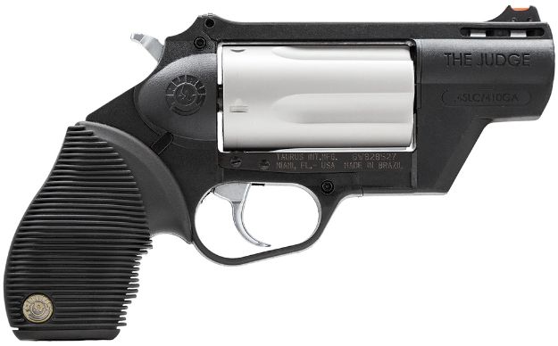 Picture of Taurus 2441029TCPLY Judge Public Defender 45 Colt (LC) Caliber or 2.50" 410 Gauge 5 Shot 2.50" Black Finish Barrel, Matte Stainless Finish Cylinder, Black Finish Polymer Frame & Black Ribber Grip