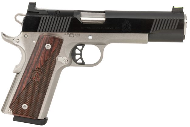 Picture of Springfield Armory PX9121LAOS 1911 Ronin 10mm Auto 8+1, 5" Stainless Match Grade Steel Barrel, Blued Serrated Carbon Steel Slide, Stainless Steel Steel Frame w/Beavertail, Crossed Cannon Wood Grip