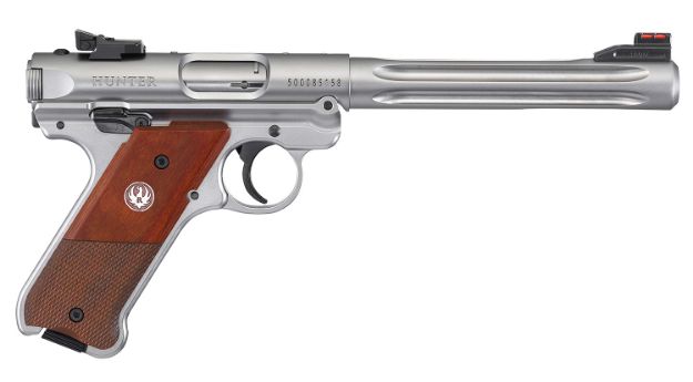 Picture of Ruger 40118 Mark IV Hunter 22 LR 10+1 6.88" Satin Stainless Fluted Bull Barrel, Satin Stainless Steel Frame, Drilled & Tapped Receiver, Checkered Laminate Grip, Right Hand