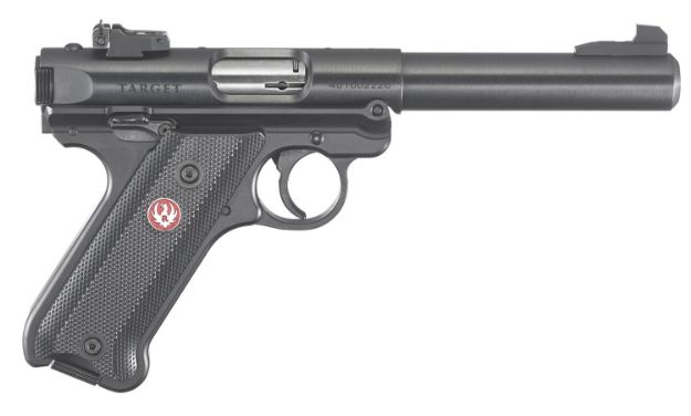 Picture of Ruger 40101 Mark IV Target 22 LR 10+1 5.50" Blued Bull Barrel Blued. Blued Aluminum Frame, Drilled & Tapped Receiver, Black Checkered Polymer Grip, Right Hand