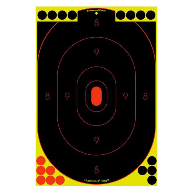 Picture of Birchwood Casey 34617 Shoot-N-C Reactive Target Self-Adhesive Paper Black/Yellow/Red 12"x18" Oval Silhouette 12 Pack