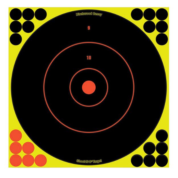 Picture of Birchwood Casey 34022 Shoot-N-C Reactive Target Self-Adhesive Paper Black/Yellow/Red 12" Bullseye 12 Pack