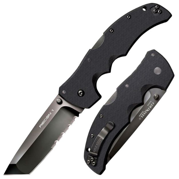 Picture of Cold Steel CS27BTH Recon 1 4" Folding Part Serrated DLC Coated American S35VN Blade/ 5.38" Black Textured G10 Handle Includes Belt Clip