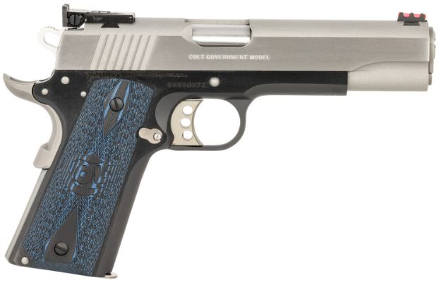 Picture of Colt Mfg O5970GCLTT Gold Cup Lite 45 ACP 8+1 5" Stainless National Match Barrel, Brushed Stainless Serrated Slide, Black/Stainless Stainless Steel Frame w/Beavertail, Blue Scalloped Checkered G10 Grip