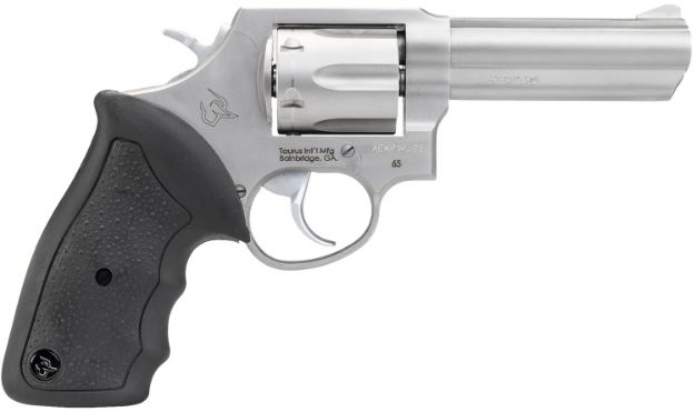 Picture of Taurus 2650049 65  Medium Frame 357 Mag/38 Special +P 6rd 4" Matte Stainless Steel Barrel, Cylinder & Frame, Fixed Sights, Black Soft Rubber Finger Groove Grip, Transfer Bar Safety, Exposed Hammer