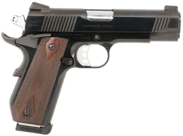 Picture of Tyler Gun Works TGWCMBL45 Custom 1911 Commander 45 ACP 7+1 4.25" Stainless Match Grade Barrel, Blued Serrated Steel Slide, Blued Steel Frame w/Beavertail, Walnut Grip