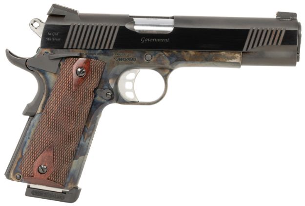 Picture of Tyler Gun Works TGWGVCC45 Custom 1911 Government Full Size Frame 45 ACP 7+1 5" Stainless Match Grade Barrel, Blued Serrated Steel Slide, Color Case Steel Frame w/Beavertail, Walnut Grip