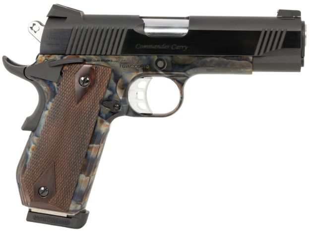 Picture of Tyler Gun Works TGWCMCC45 Custom 1911 Commander 45 ACP 7+1 4.25" Stainless Match Grade Barrel, Blued Serrated Steel Slide Color Case Steel Frame w/Beavertail, Walnut Grip