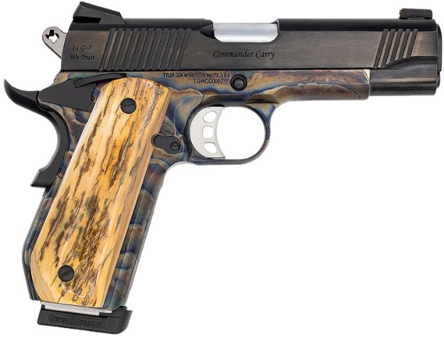 Picture of Tyler Gun Works TGWGVCC45M Custom 1911 Government 45 ACP 7+1 5" Stainless Match Grade Barrel, Blued Serrated Steel Slide, Color Case Steel Frame w/Beavertail, Mammoth Ivory Grip