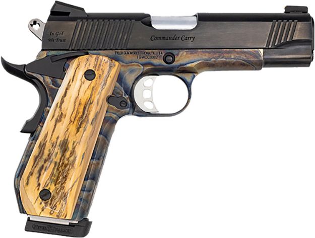 Picture of Tyler Gun Works TGWCMCC45M Custom 1911 Commander 45 ACP 7+1 4.25" Stainless Match Grade Barrel, Blued Serrated Steel Slide, Color Case Steel Frame w/Beavertail, Mammoth Ivory Grip