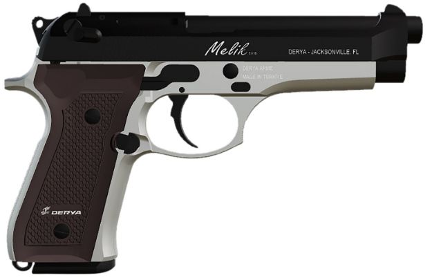 Picture of Derya Firearms 15LTTMELIK9TR Melik  9mm 15+1 4.90" Black Melonite Steel Barrel, Black Melonite Serrated Steel Slide, Silver Anodized Aluminum Frame, Dark Walnut Grip