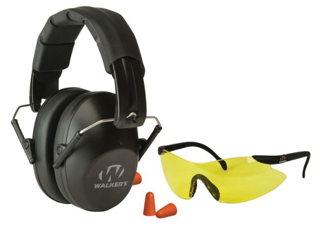 Picture of Walker's GWPFPM1GFP Pro Low Profile Passive Muff Combo Kit Includes Foam Ear Plugs, Low Profile 31 db Over the Head Passive Muff, Shooting Glasses w/Yellow Lens