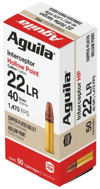 Picture of Aguila 1B220321 Interceptor Rimfire 22LR 40gr Copper Plated Hollow Point 50 Per Box/20 Case