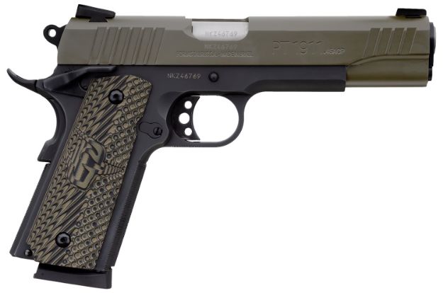 Picture of Taurus 1191101MGVZ 1911  45 ACP 8+1 5" Barrel, Matte Black Finish Beavertail Frame, Serrated Mil-Spec Green Cerakote Slide & Brown VZ Operator II Grip