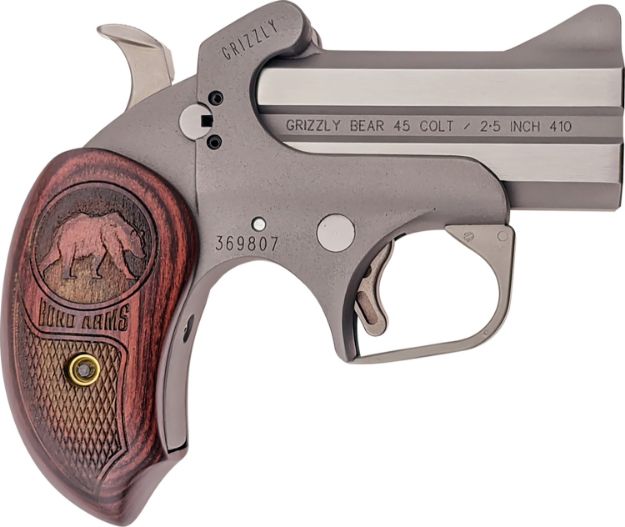 Picture of Bond Arms BAGR Grizzly  45 Colt (LC)/410 Gauge 2rd 3" Stainless Steel Double Barrel & Frame, Rebounding Hammer, Blade Front/Fixed Rear Sights, Rosewood Grips, Manual Safety