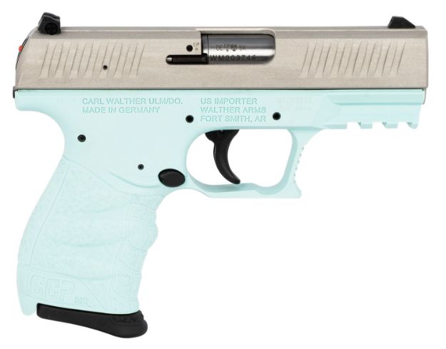 Picture of Walther Arms 5082512 CCP M2 380 ACP 8+1, 3.54" Stainless Steel Barrel, Serrated Stainless Steel Slide, Angel Blue Polymer Frame w/Picatinny Rail, Angel Blue Finger Grooved Grip, Manual Thumb Safety