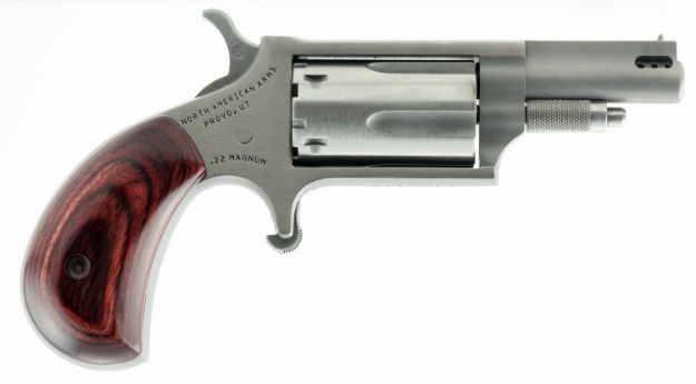 Picture of North American Arms 22MCP Mini-Revolver  22 LR or 22 WMR 5 Shot 1.63" Ported Barrel, Overall Stainless Steel Finish, Rosewood Birdshead Grip Includes Cylinders