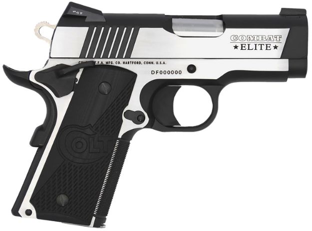 Picture of Colt Mfg O7082CE Combat Elite Commander Compact Frame 9mm Luger 8+1, 3" Stainless Steel Barrel, Two-Tone Serrated Stainless Steel Slide & Frame w/Beavertail, Black Scalloped G10 Grip, Ambidextrous