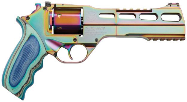 Picture of Chiappa Firearms CF340301 Rhino 60SAR Nebula *CA Compliant 357 Mag Caliber with 6" Picatinny Rail/Vent Rib, 6rd Capacity Cylinder, Rainbow PVD Metal Finish & Blue Laminate Grip