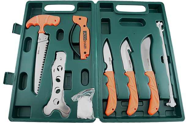 Picture of AccuSharp 728C Game Processing Kit Butcher/Caper/Gut-Hook/Bone Saw/Ribcage Spreader Gut Hook/Saw/Plain Stainless Steel Blade Orange FRN Handle