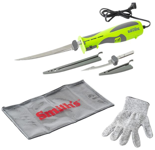 Picture of Smiths Products 51207 Mr. Crappie Slab-O-Matic 8"/4.50" Fillet/Ribcage Serrated Stainless Steel Blade Electric Green/Gray Vented Includes Power Cord/Fillet Glove/Mesh Storage Bag