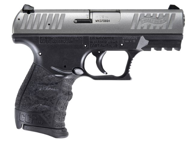 Picture of Walther Arms 5083501 CCP M2 + 9mm Luger 8+1 3.54" Barrel, Black Finish Picatinny Rail Frame, Serrated Sliver Stainless Steel Slide, Finger Grooved Polymer Grip