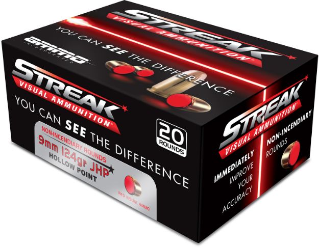 Picture of Ammo Inc 9124JHPSTRKRED Streak Visual (RED)  9mm Luger 124gr Jacket Hollow Point 20 Per Box/10 Case